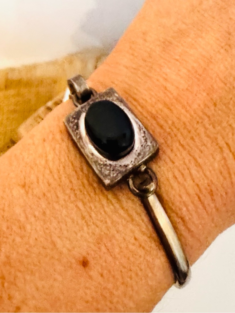 Vintage Taxco Mexico 925 Sterling Silver Onyx Bangle Bracelet - Picture 7 of 12